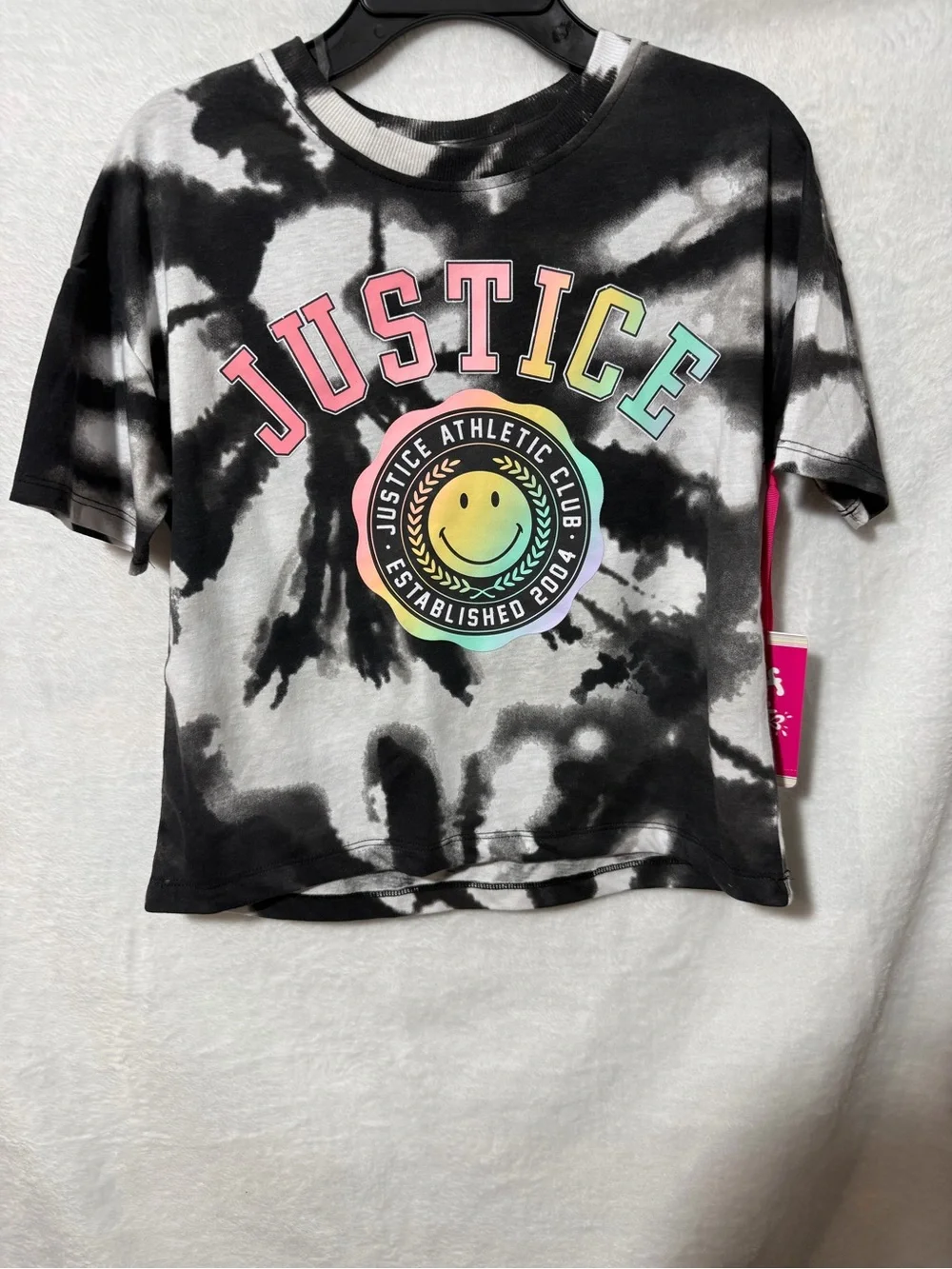 Justice Black & White Tie-Dye Logo Tee with Rainbow Accent